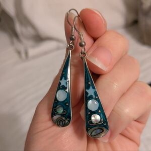 Teal Abalone and Mother of Pearl Space Teardrop Earrings